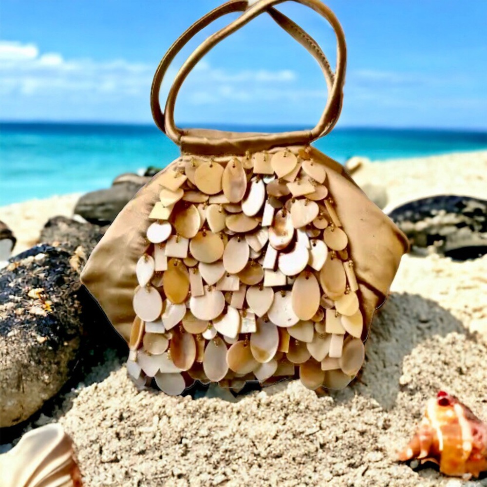 Evening Satchel Handbag Dangling Shell Beads Vintage Double Handles